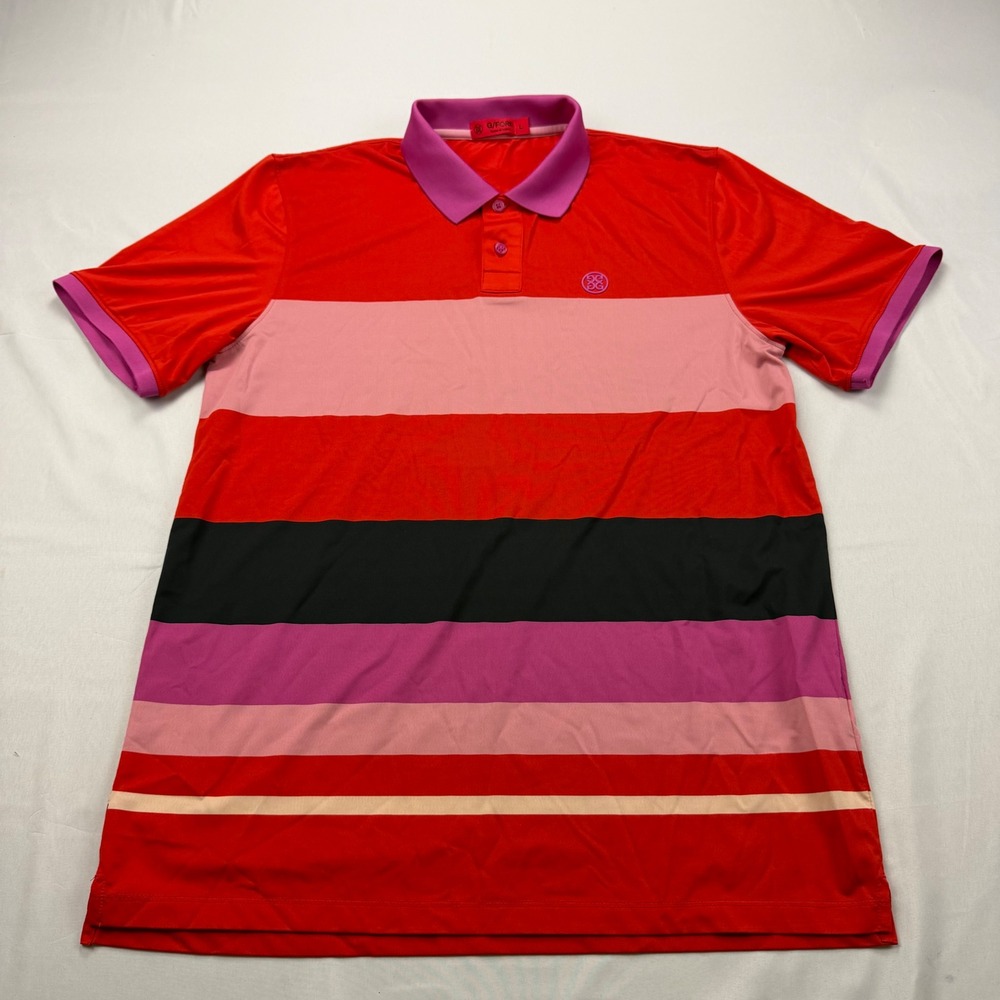 G/FORE Polo Shirt Mens Large Red Pink Striped Golf Performance G4MS19K16